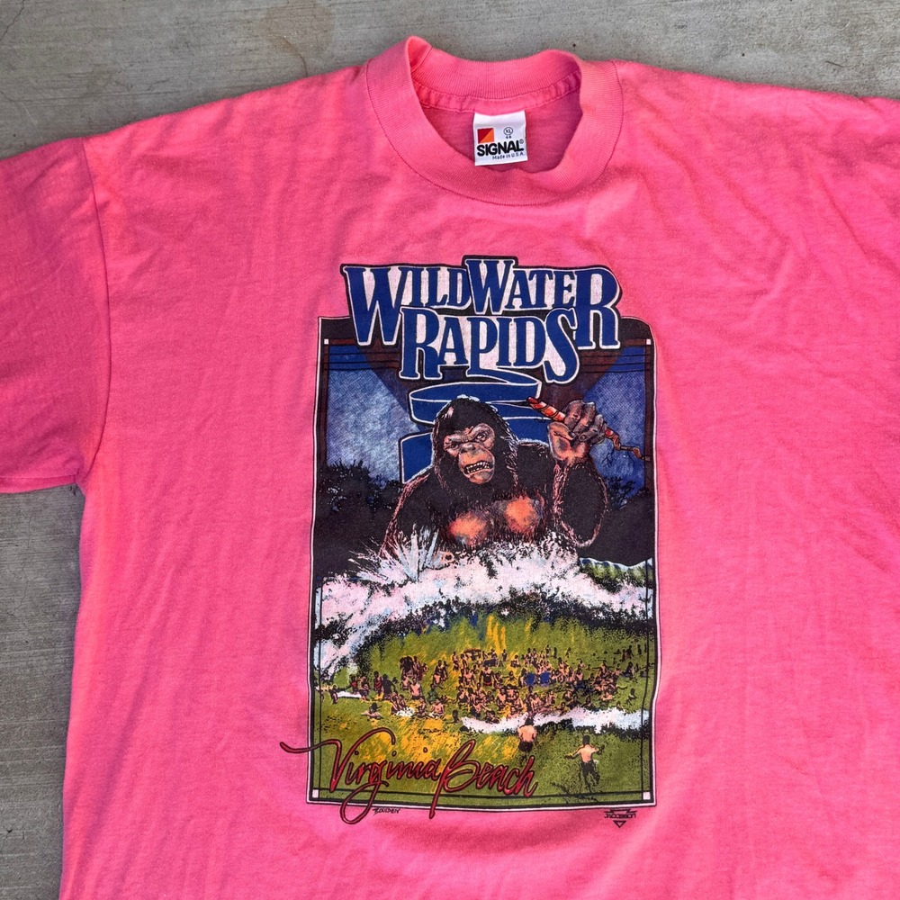 Vintage 80s Signal Wild Water Rapids Virginia Beach Pink Gorilla T-Shirt Mens XL - Picture 2 of 7